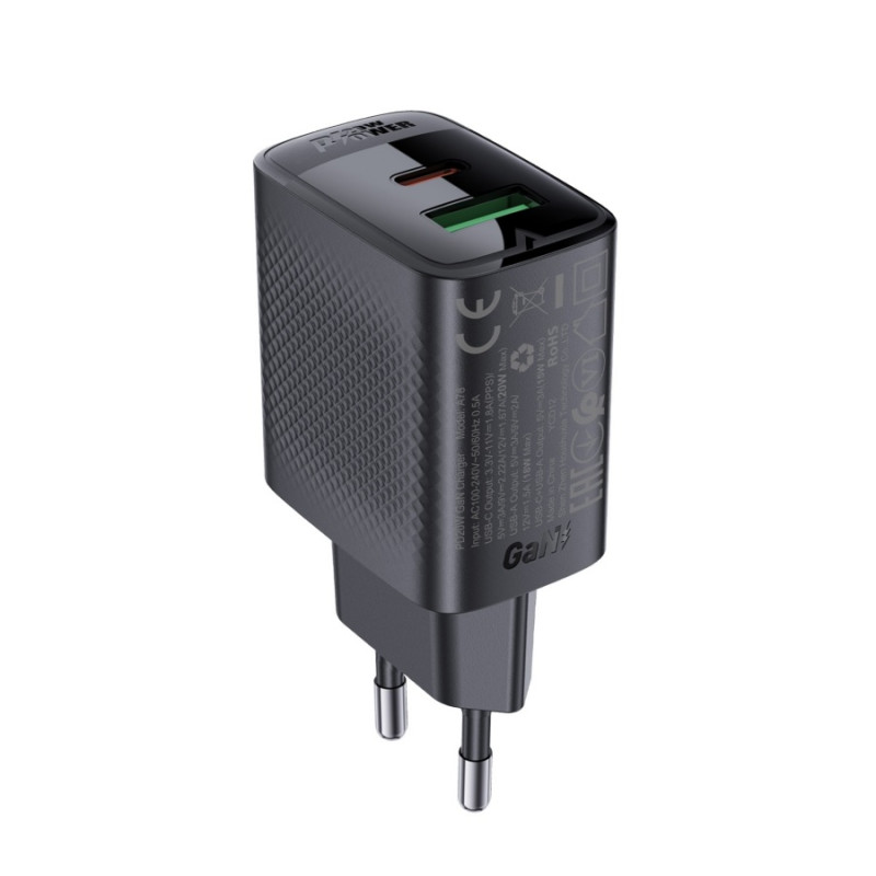 Зарядное устройство Acefast A78 PD20W, GaN (USB-A+USB-C) charger, Black