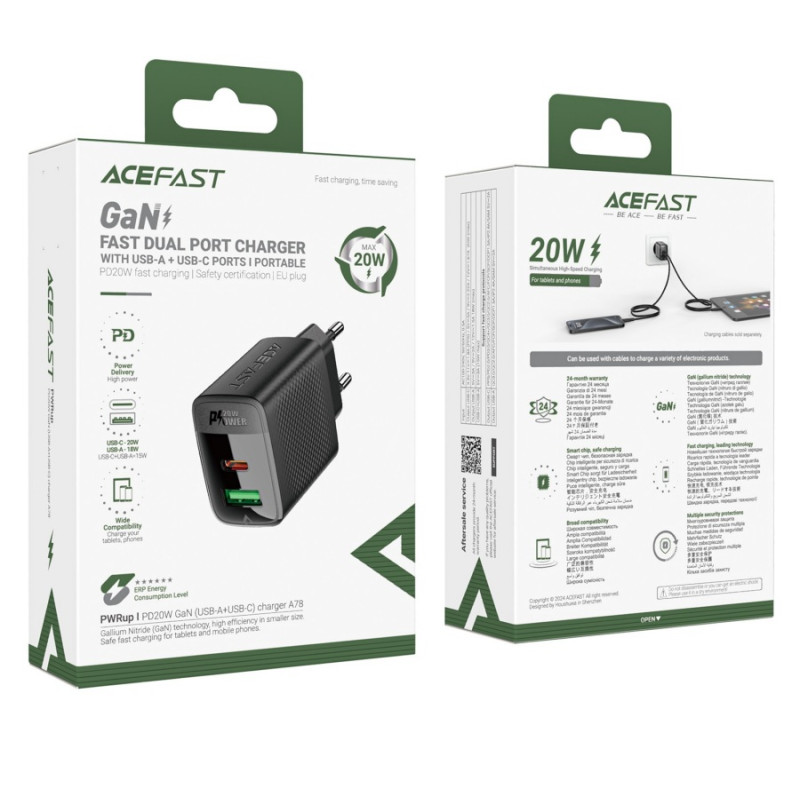Зарядное устройство Acefast A78 PD20W, GaN (USB-A+USB-C) charger, Black