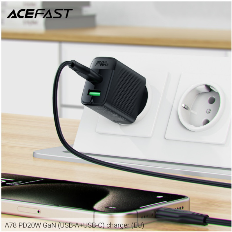 Зарядное устройство Acefast A78 PD20W, GaN (USB-A+USB-C) charger, Black