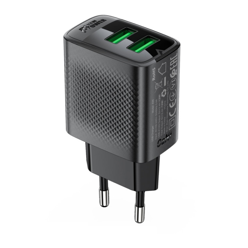 Зарядное устройство Acefast A86 12W, (USB-A+USB-A) dual port charger, Black