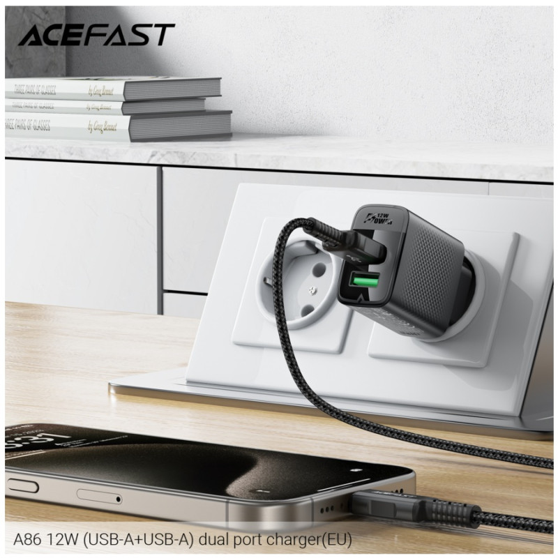 Зарядное устройство Acefast A86 12W, (USB-A+USB-A) dual port charger, Black