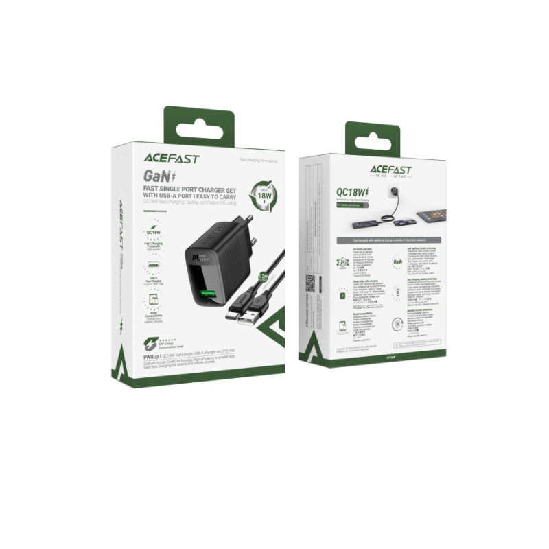 Зарядное устройство Acefast A90 QC18W, GaN single USB-A charger set, Black