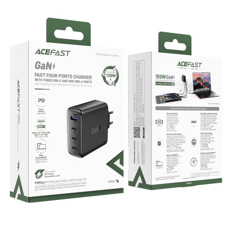 Зарядное устройство Acefast A94 PD100W, GaN (3xUSB-C+USB-A) charger, Black