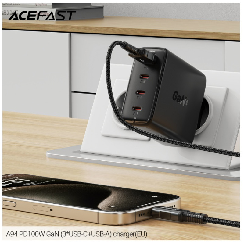 Зарядное устройство Acefast A94 PD100W, GaN (3xUSB-C+USB-A) charger, Black
