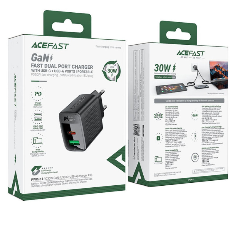 Зарядное устройство Acefast A98 PD30W, GaN (USB-C+USB-A) charger, Black