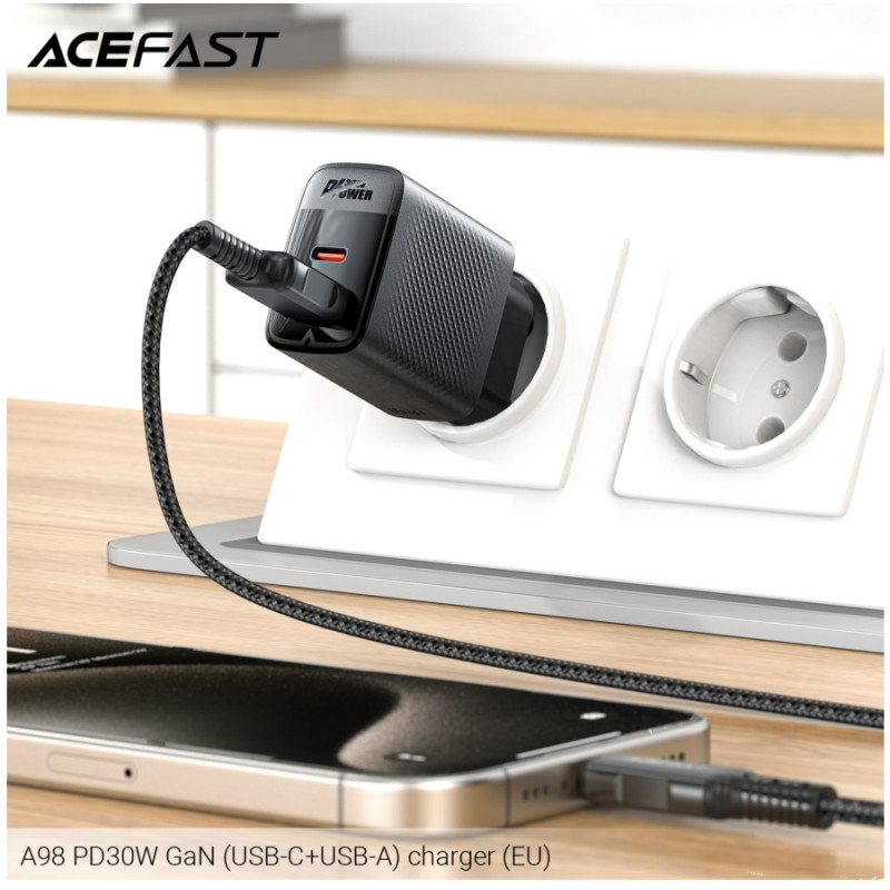 Зарядное устройство Acefast A98 PD30W, GaN (USB-C+USB-A) charger, Black