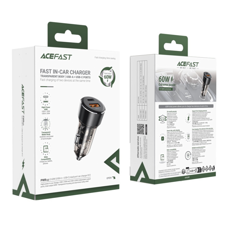 Автомобильное зарядное устройство Acefast B12 60W, (USB-A+USB-C) dual-port car charger, Black