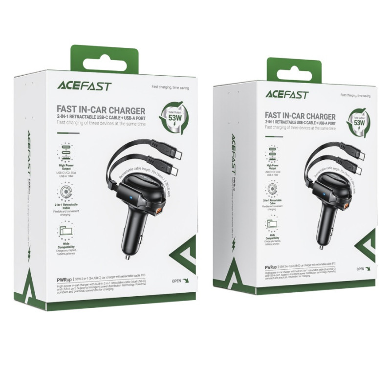 Автомобильное зарядное устройство Acefast B13 53W, 2-in-1 (2xUSB-C) car charger with retractable cable, Black