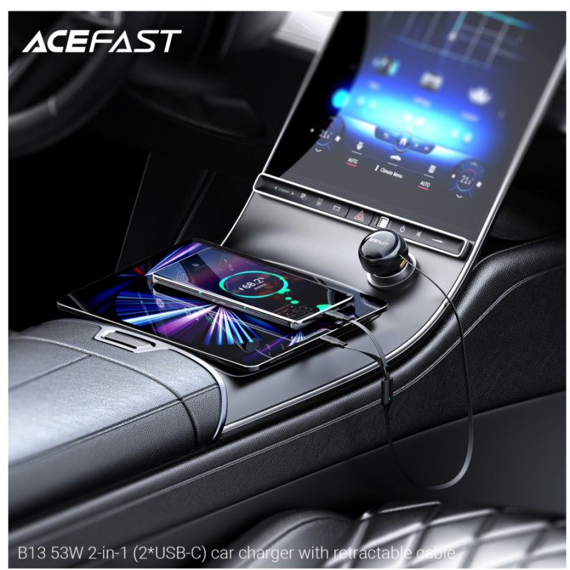Автомобильное зарядное устройство Acefast B13 53W, 2-in-1 (2xUSB-C) car charger with retractable cable, Black