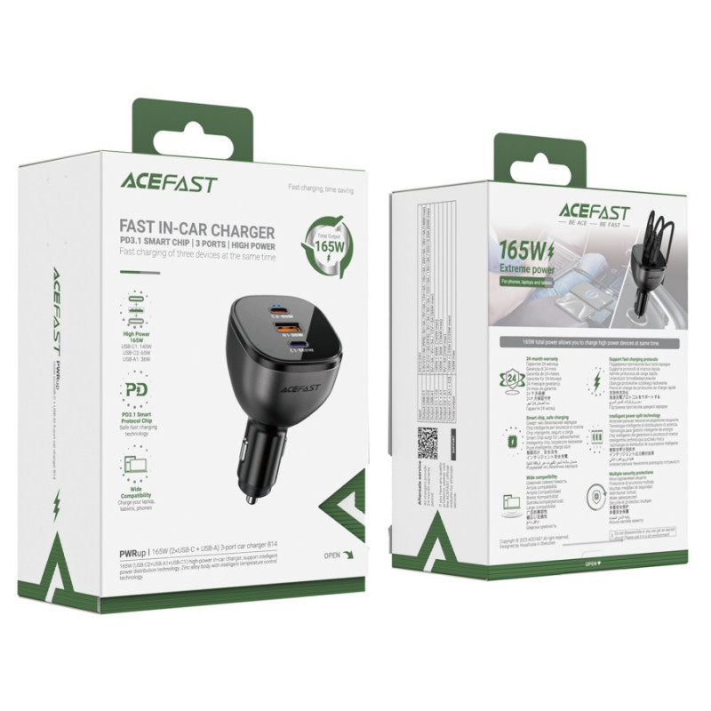 Автомобильное зарядное устройство Acefast B14 165W, (2xUSB-C+USB-A) 3-port car charger, USB-C1-140W, USB-C2-65W, USB-A-36W, Black