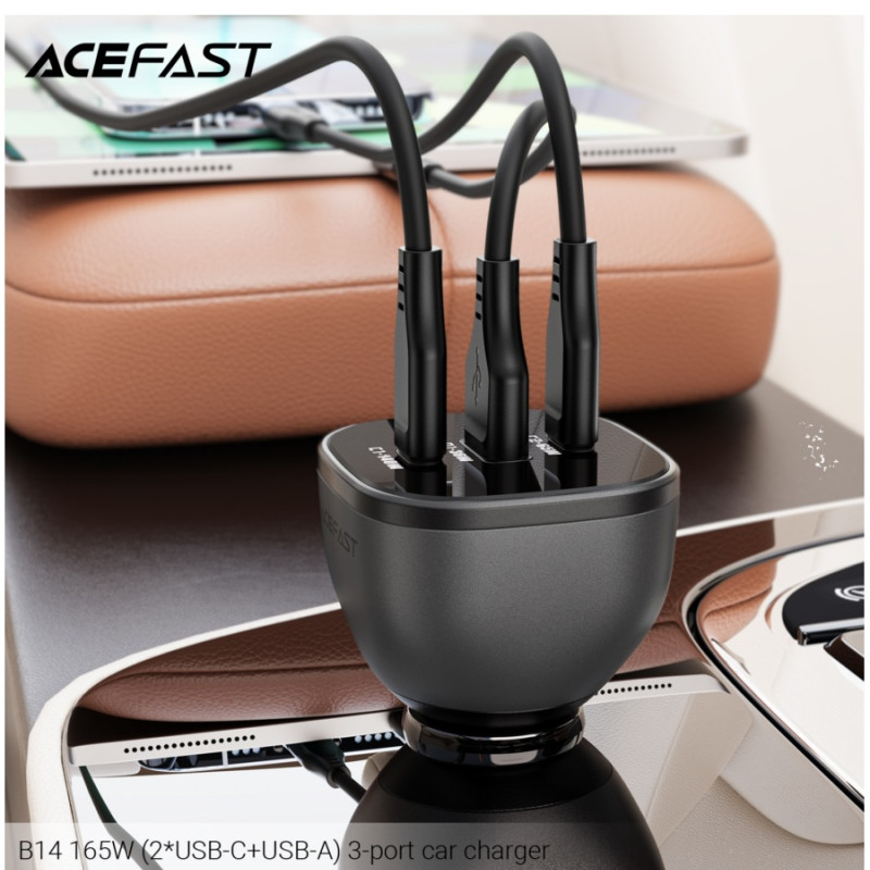 Автомобильное зарядное устройство Acefast B14 165W, (2xUSB-C+USB-A) 3-port car charger, USB-C1-140W, USB-C2-65W, USB-A-36W, Black
