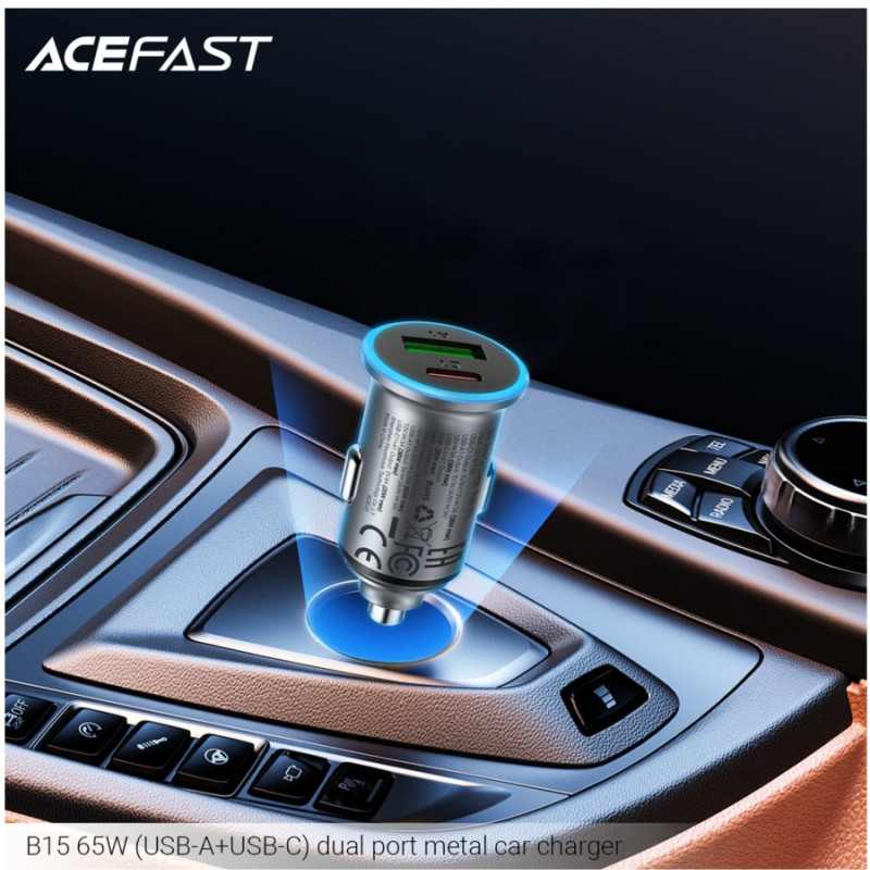 Автомобильное зарядное устройство Acefast B15 65W, (USB-A+USB-C) dual port metal car charger, Metal Gray