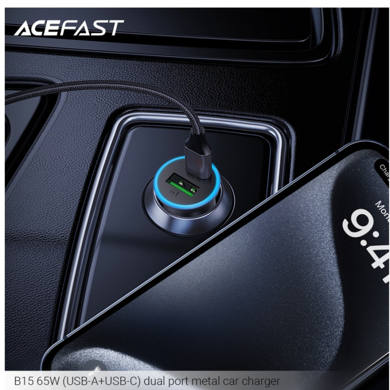 Автомобильное зарядное устройство Acefast B15 65W, (USB-A+USB-C) dual port metal car charger, Metal Gray