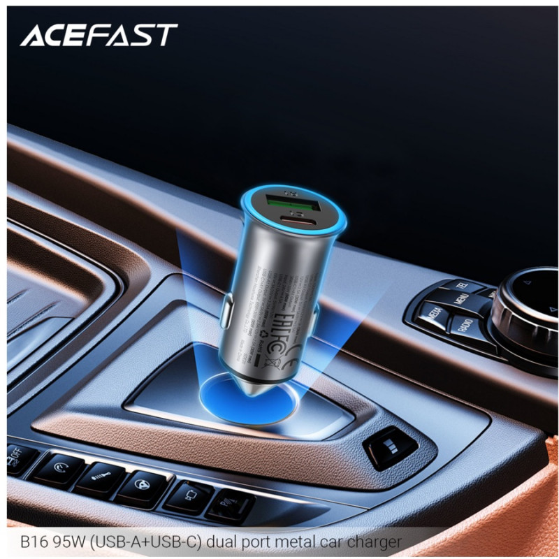 Автомобильное зарядное устройство Acefast B16 95W, (USB-A+USB-C) dual port metal car charger, Metal Gray