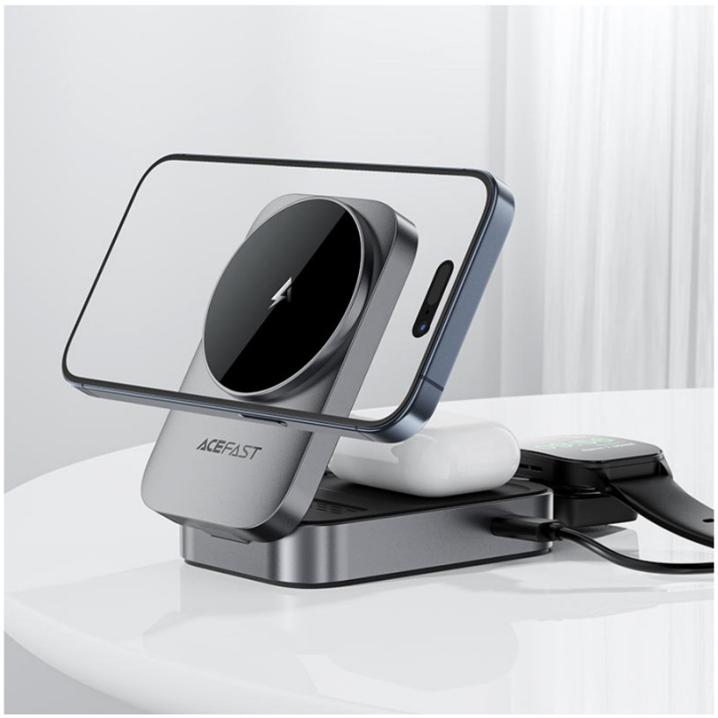 Зарядное устройство Acefast E22, Desktop 3-in-1 Wireless Charging holder, Metal Gray