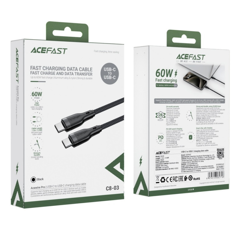Кабель USB Type-C to Type-C 1.2m, Acefast C8-03, 60W, charging data cable, Black