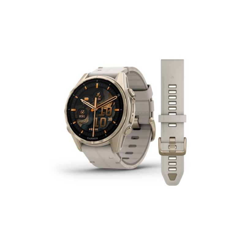 Умные часы Garmin fenix 8 – 43 mm, Soft Gold Stainless Steel with Fog Gray Leather Band + Fog Gray/Dark Sandstone Silicone band