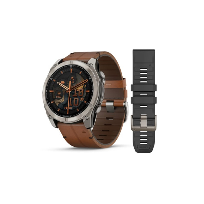 Умные часы Garmin fenix 8 – 51 mm, Bare Titanium, Black with Chestnut Leather Band + Graphite Silicone Band