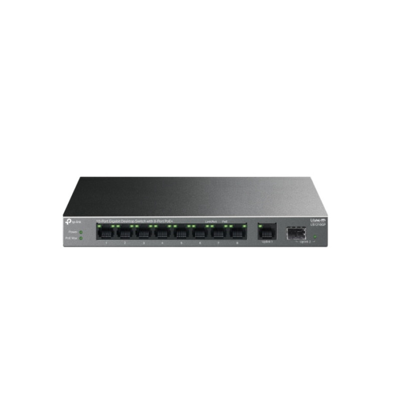 10-портовый 10/100/1000 Мбит/с POE+ коммутатор TP-LINK "LS1210GP", 8 портов PoE+, бюджет 61 Вт, автоматическое восстановление, SFP,