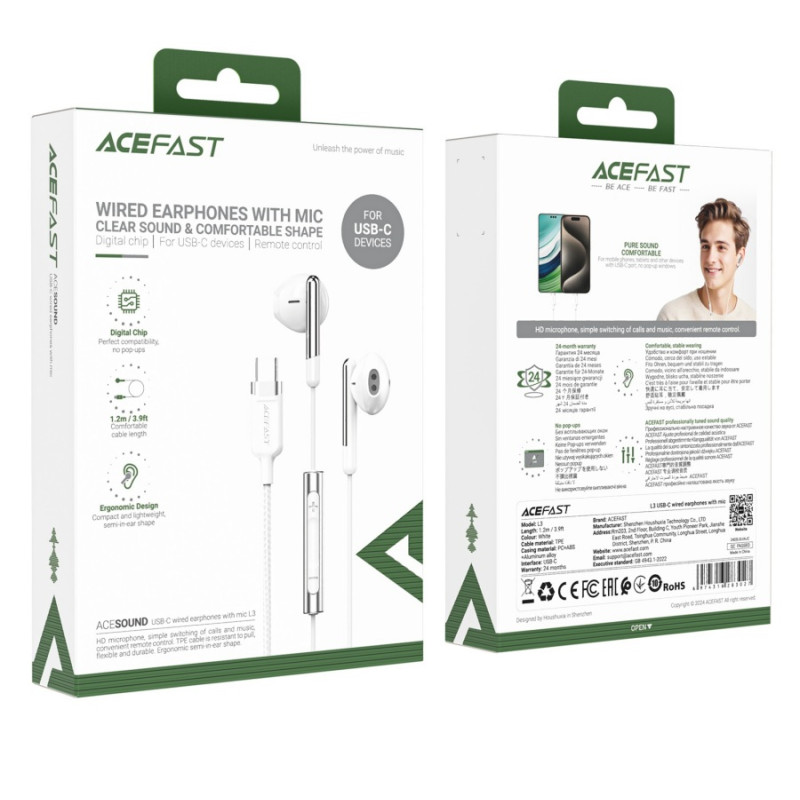 Наушники Acefast L3, USB-C wired earphones with mic, 1.2m, White
