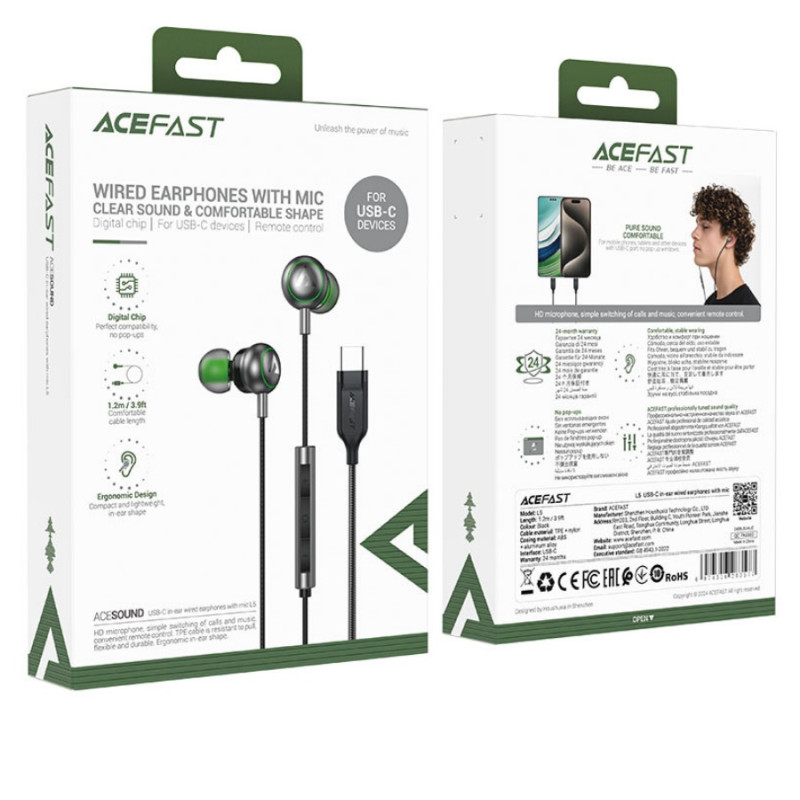 Наушники Acefast L5, USB-C in-ear wired earphones with mic, 1.2m, Black