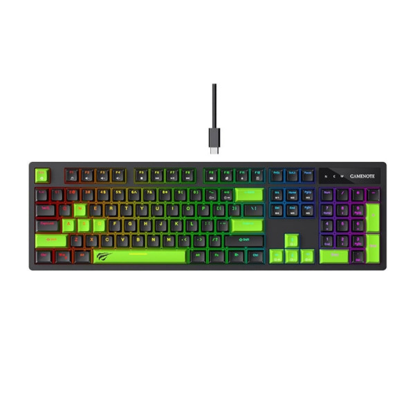 Gaming Keyboard Havit KB893L, Mechanical, Tacticle SW, 104 Keys, Fn keys, RGB, 1.8m, USB, EN, Black/Green