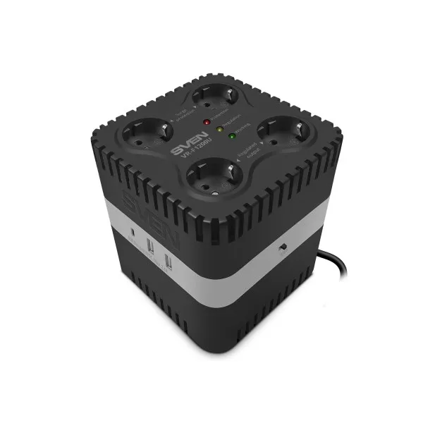 SVEN VR-F1200U, 330W, Automatic Voltage Regulator, 4x Schuko outlets, Additional outputs 2 USB-A and 1 USB type-C, 