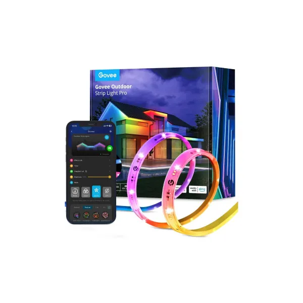 Outdoor Strip Lights  GOVEE RGBICWW Outdoor Strip Light Pro 10M, Wi-Fi + BT, App, Multicolor + 2 Extra White LEDs, 