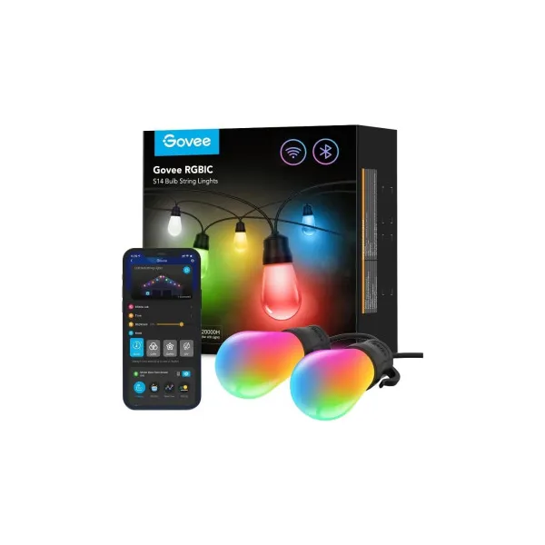 Outdoor String Lights  GOVEE RGBIC Smart Outdoor String Lights 15m, 15 Light Bulbs, Wi-Fi + BT, App, Multicolor / 