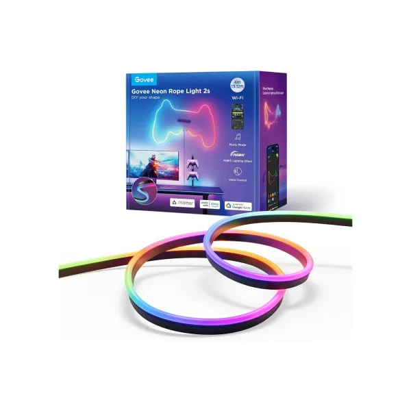 Light Strip  GOVEE RGBIC Neon Rope Strip Ligth 2s 4m, Black, Smart Wi-Fi Light Strip, Wi-Fi + BT, Matter Compatible