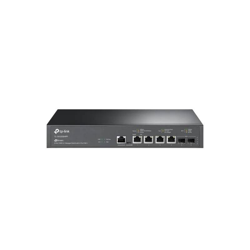 6-портовый управляемый коммутатор TP-LINK 10GE L2+ PoE++, "TL-SX3206HPP", с 4 портами PoE++, бюджет 200 Вт, 2xSFP